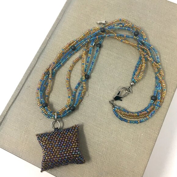 Handmade Iridescent Square Seed Bead Pouch Multi-Strand Matte Hematite Necklace - Picture 4 of 16